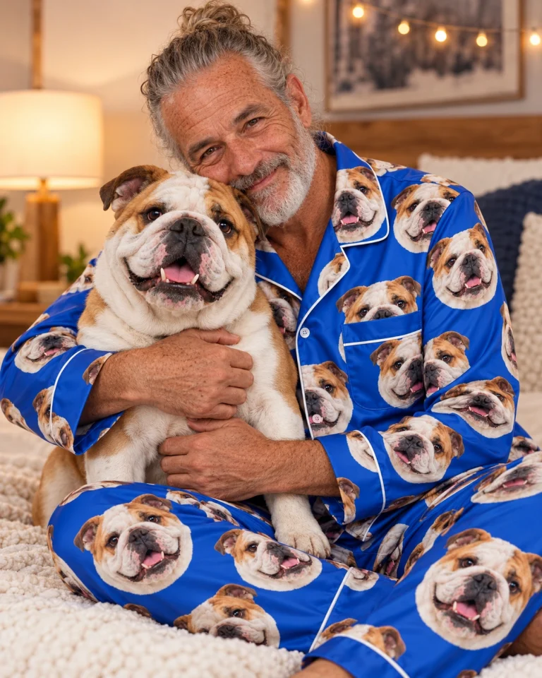 Man in a bulldog pajamas men with his Bulldog — MyDogPics