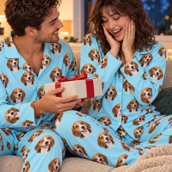 Woman and her partner in matching custom beagle pajamas with tricolor Beagle (black, tan and white) faces — MyDogPics