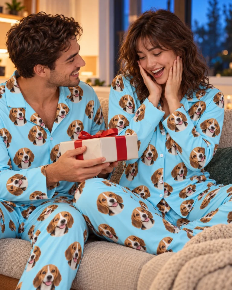 Woman and her partner in matching custom beagle pajamas with tricolor Beagle (black, tan and white) faces — MyDogPics
