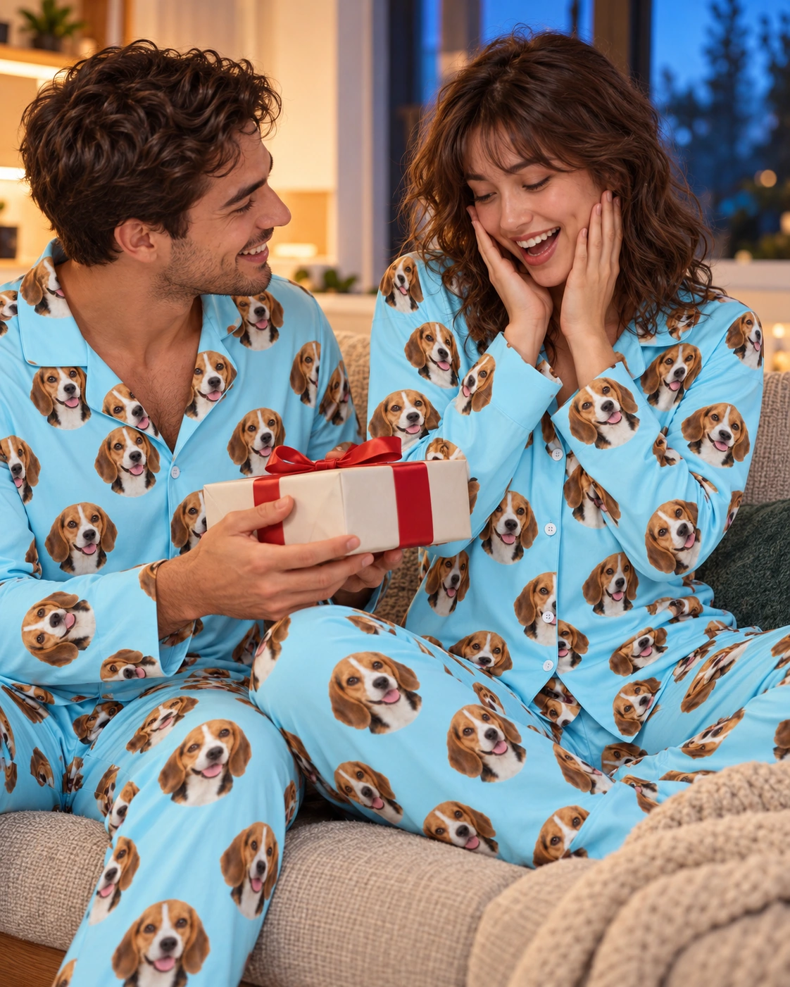 Custom Beagle Pajamas – Family, Light Blue | MyDogPics Woman and her partner in matching custom beagle pajamas with tricolor Beagle (black, tan and white) faces — MyDogPics