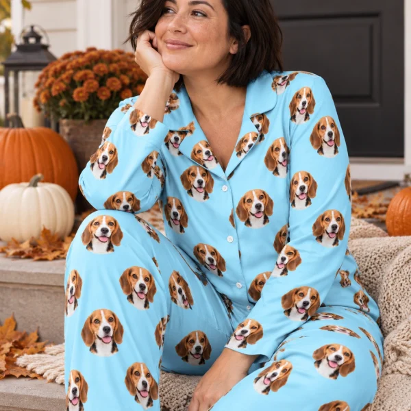 Woman sitting in custom beagle pajamas covered in tricolor Beagle (black, tan and white) faces — MyDogPics