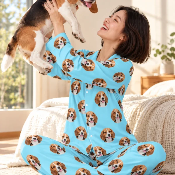 Woman in custom beagle pajamas with her Beagle — MyDogPics