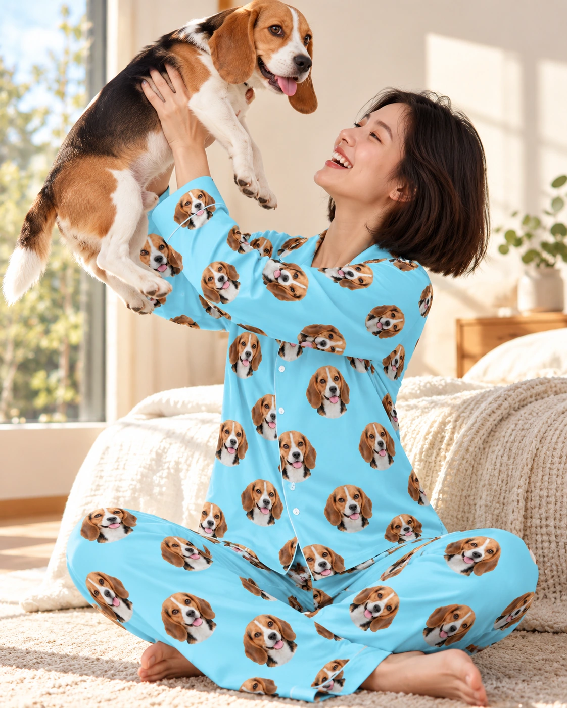 Custom Beagle Pajamas – With Dog, Light Blue | MyDogPics Woman in custom beagle pajamas with her Beagle — MyDogPics