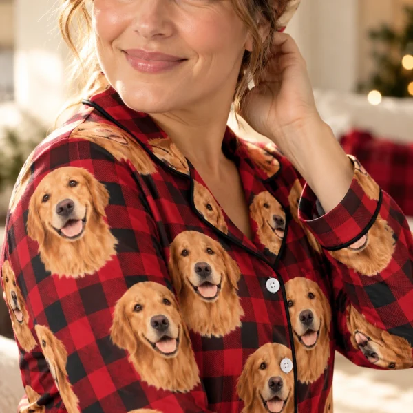 Close-up of the custom golden retriever Christmas pajamas print with golden Golden Retriever faces — MyDogPics