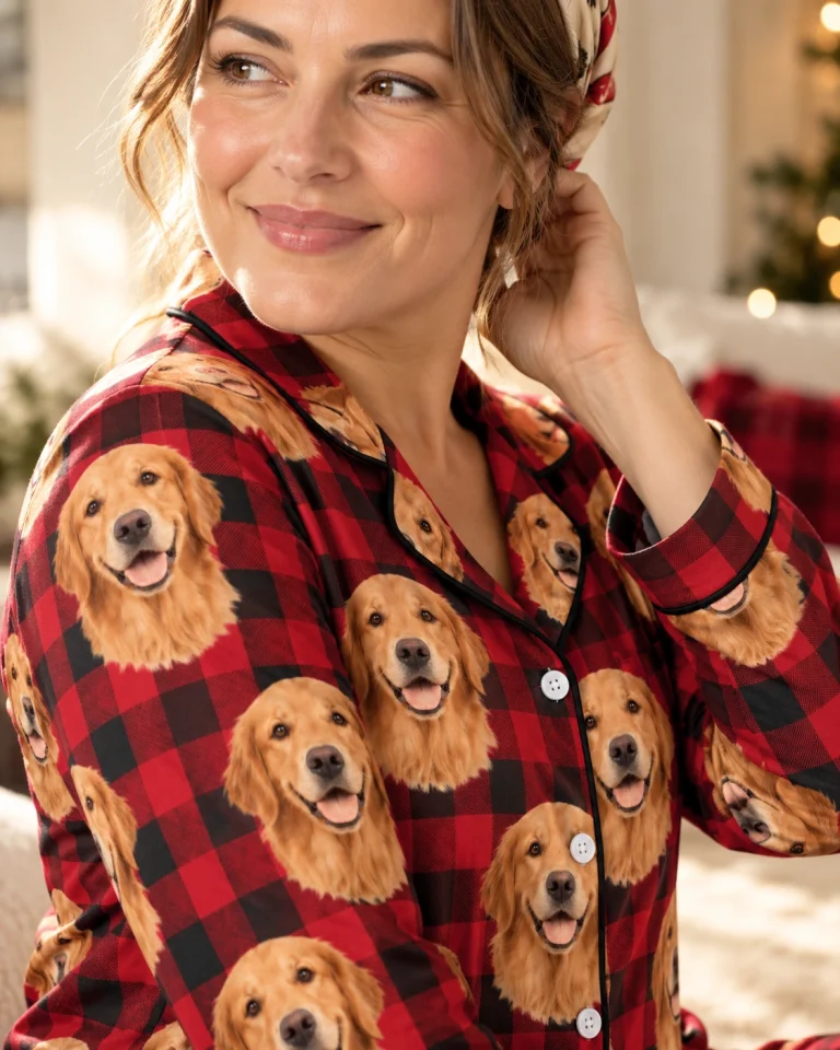 Close-up of the custom golden retriever Christmas pajamas print with golden Golden Retriever faces — MyDogPics