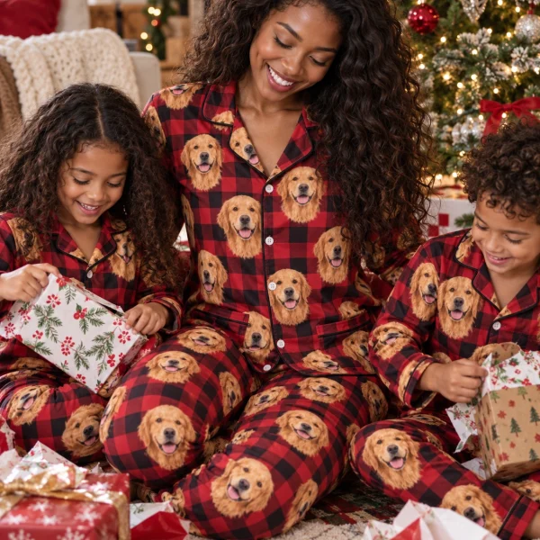 Woman and her family in matching custom golden retriever Christmas pajamas with golden Golden Retriever faces — MyDogPics