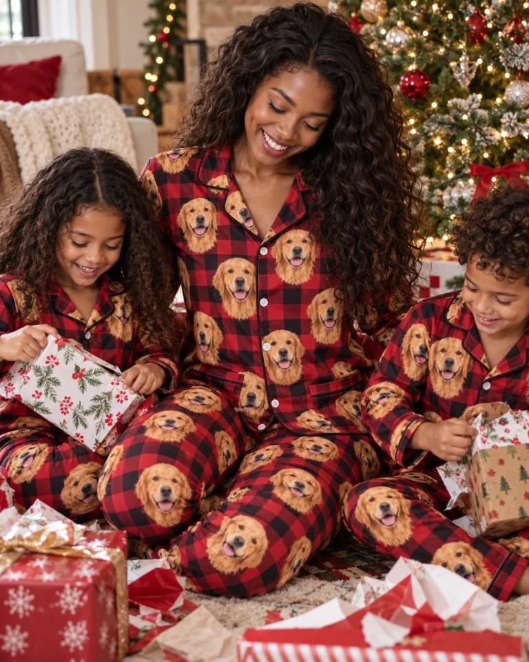 Woman and her family in matching custom golden retriever Christmas pajamas with golden Golden Retriever faces — MyDogPics