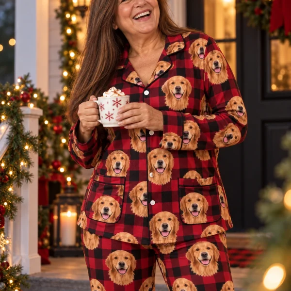 Woman wearing custom golden retriever Christmas pajamas covered in golden Golden Retriever faces — MyDogPics