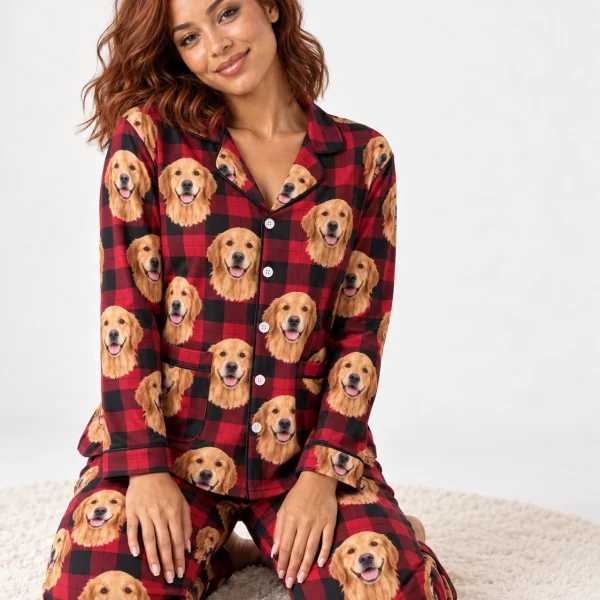 Woman posing in custom golden retriever Christmas pajamas, golden Golden Retriever faces on red plaid fabric — MyDogPics