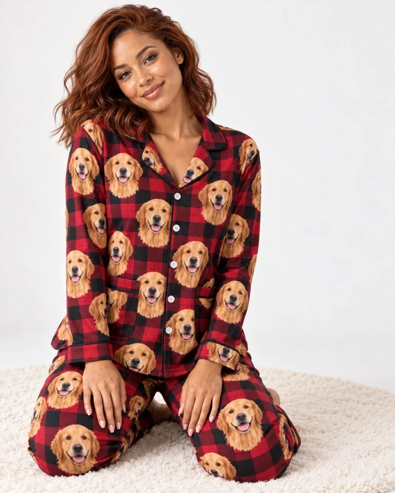 Woman posing in custom golden retriever Christmas pajamas, golden Golden Retriever faces on red plaid fabric — MyDogPics