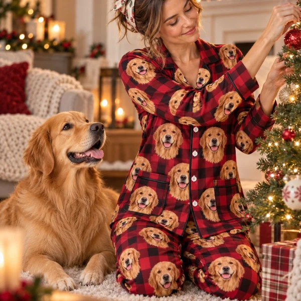 Woman in custom golden retriever Christmas pajamas with her Golden Retriever — MyDogPics