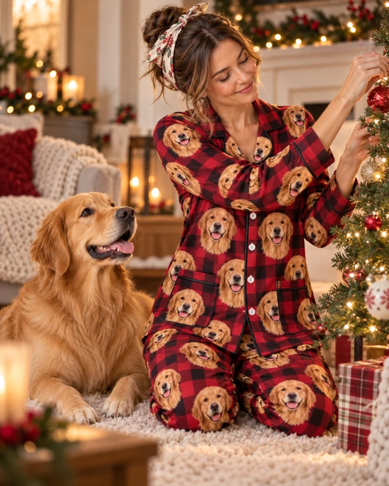 Woman in custom golden retriever Christmas pajamas with her Golden Retriever — MyDogPics