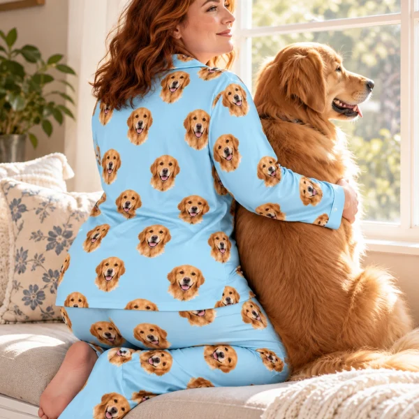 Woman in custom golden retriever pajamas cuddling her Golden Retriever — MyDogPics