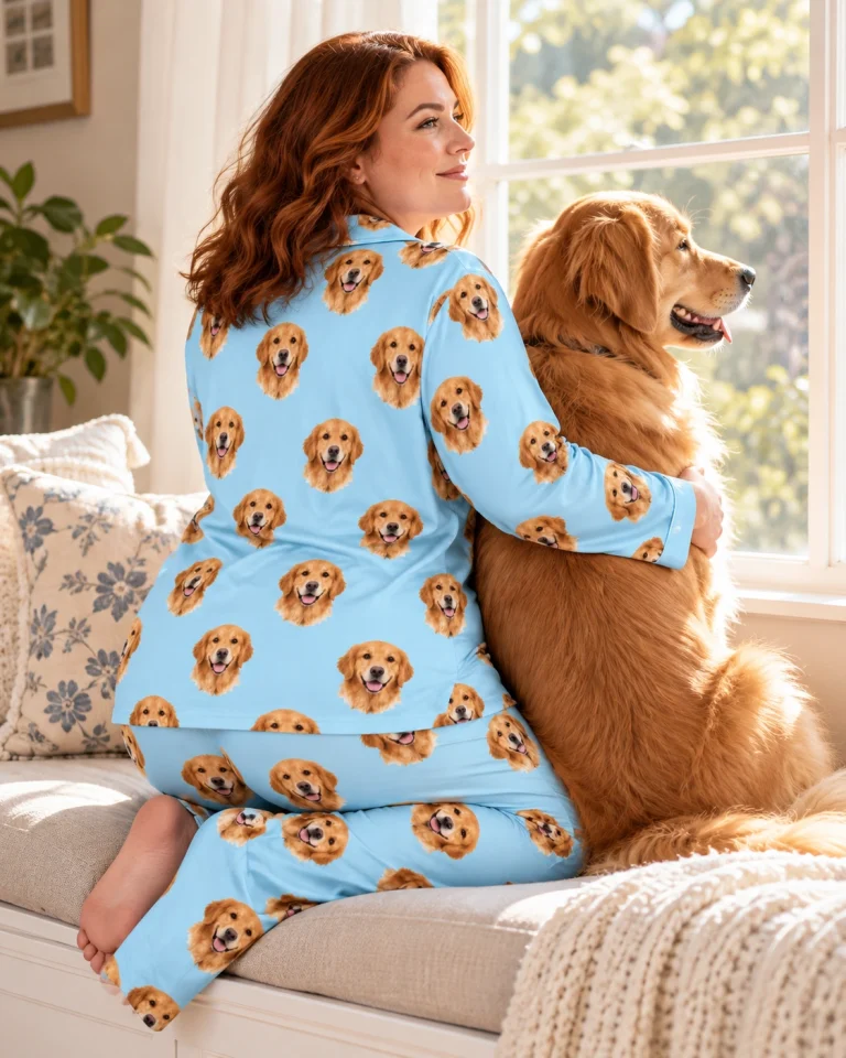 Woman in custom golden retriever pajamas cuddling her Golden Retriever — MyDogPics