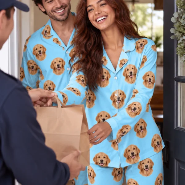 Woman and her partner in matching custom golden retriever pajamas with golden Golden Retriever faces — MyDogPics