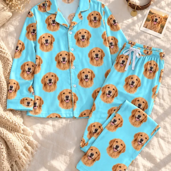 Flat lay of custom golden retriever pajamas: shirt and pants covered in golden Golden Retriever faces — MyDogPics