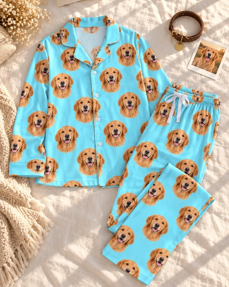 Flat lay of custom golden retriever pajamas: shirt and pants covered in golden Golden Retriever faces — MyDogPics
