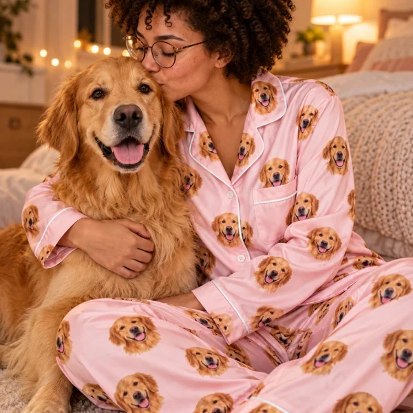 Woman in a custom golden retriever pajamas for women cuddling her Golden Retriever — MyDogPics