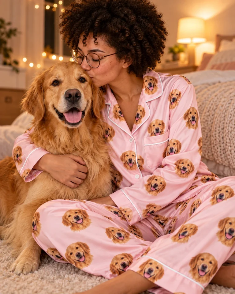 Woman in a custom golden retriever pajamas for women cuddling her Golden Retriever — MyDogPics