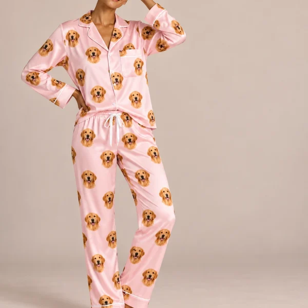 Woman wearing a custom golden retriever pajamas for women covered in golden Golden Retriever faces — MyDogPics