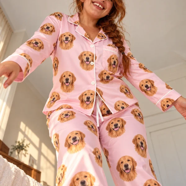Woman posing in a custom golden retriever pajamas for women, golden Golden Retriever faces on blush pink satin — MyDogPics