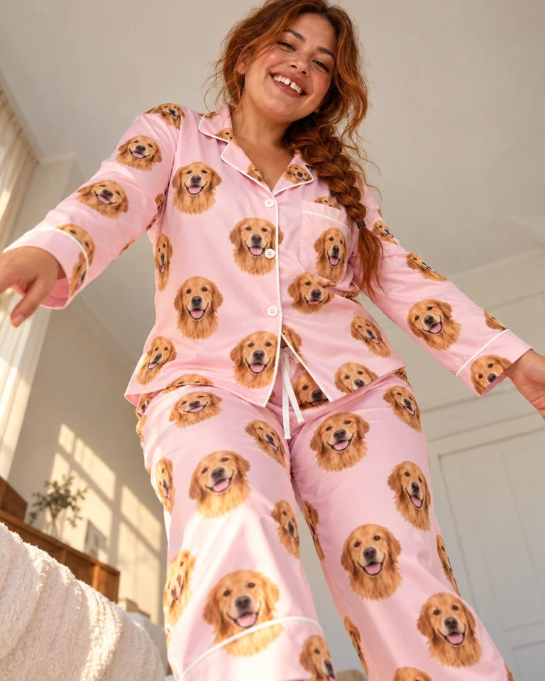 Woman posing in a custom golden retriever pajamas for women, golden Golden Retriever faces on blush pink satin — MyDogPics