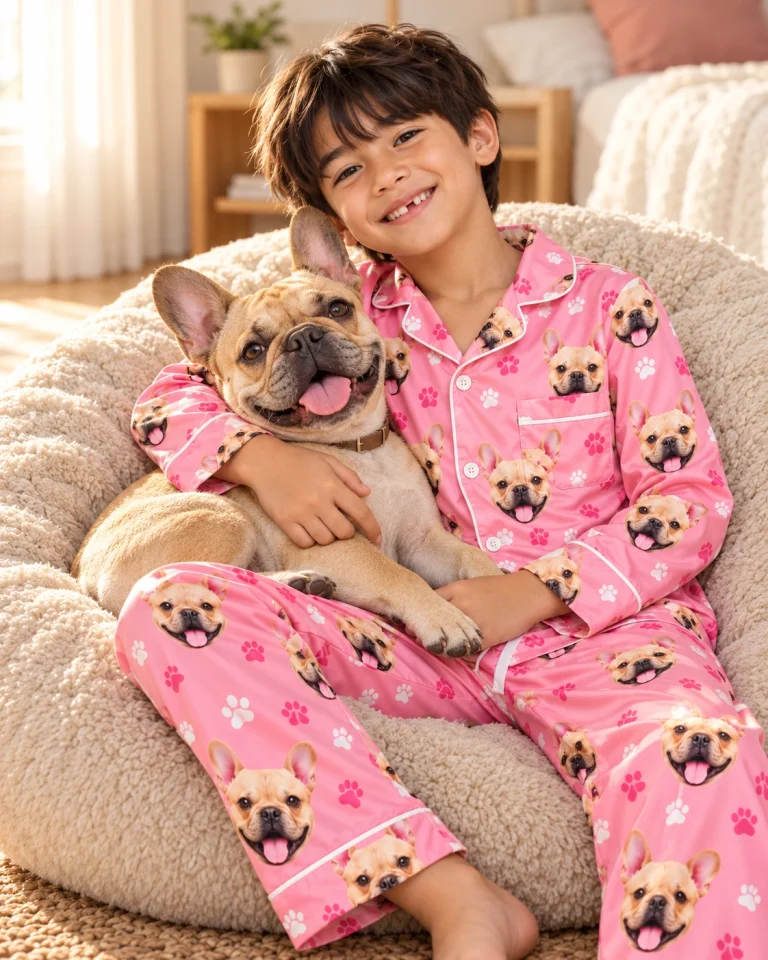 Boy in cute kids pajamas cuddling his French bulldog — MyDogPics