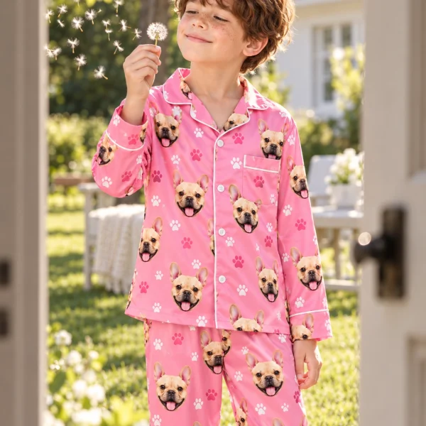 Boy posing in cute kids pajamas, fawn French bulldog faces on pink paw-print satin — MyDogPics