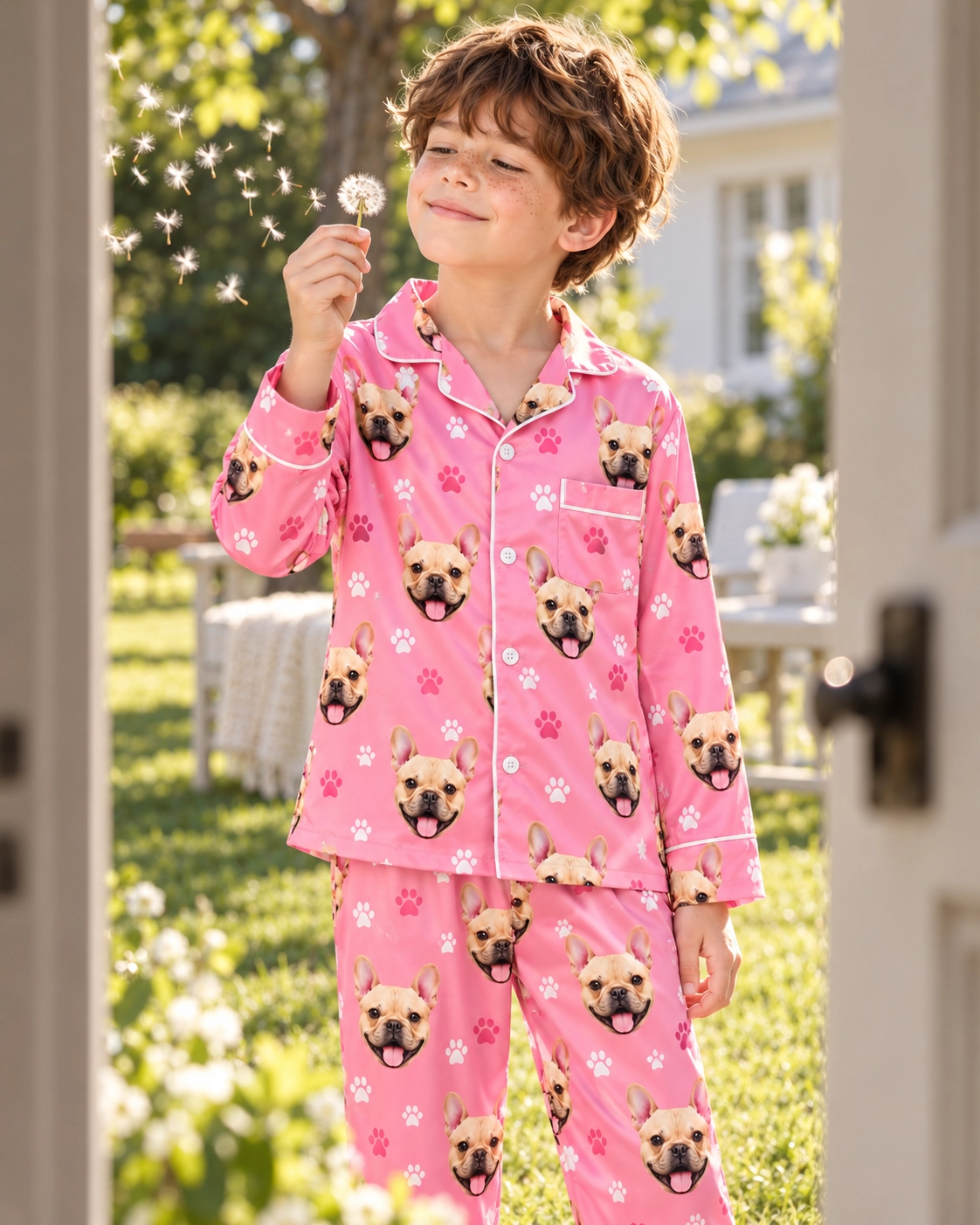 Cute Kids Pajamas – Pose, Pink Paw-Print | MyDogPics Boy posing in cute kids pajamas, fawn French bulldog faces on pink paw-print satin — MyDogPics