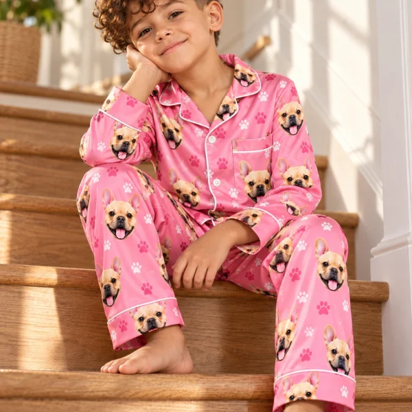 Boy sitting in cute kids pajamas covered in fawn French bulldog faces — MyDogPics