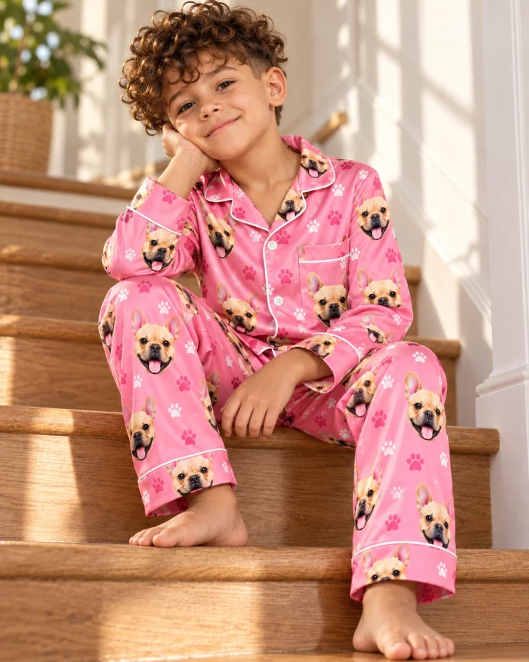 Boy sitting in cute kids pajamas covered in fawn French bulldog faces — MyDogPics