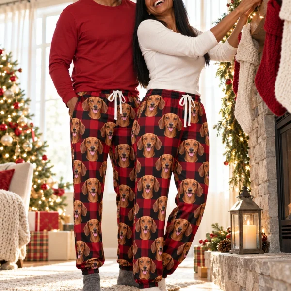 Woman and her partner in matching dachshund Christmas pants with red smooth-coated Dachshund faces — MyDogPics