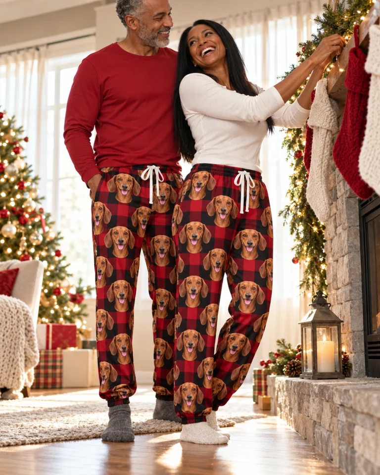 Woman and her partner in matching dachshund Christmas pants with red smooth-coated Dachshund faces — MyDogPics