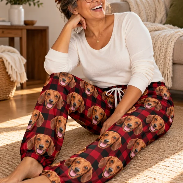 Woman sitting in dachshund Christmas pants covered in red smooth-coated Dachshund faces — MyDogPics
