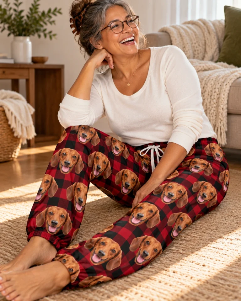 Woman sitting in dachshund Christmas pants covered in red smooth-coated Dachshund faces — MyDogPics