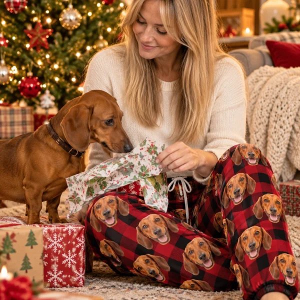 Woman in dachshund Christmas pants with her Dachshund — MyDogPics