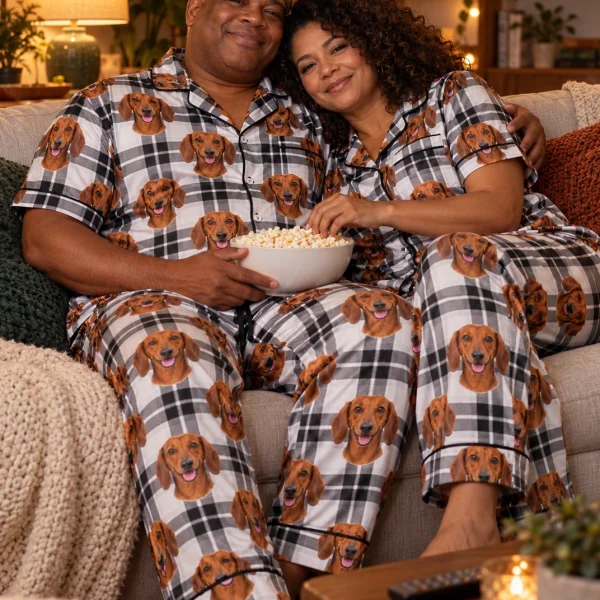 Man and his partner in matching dachshund dad pajamas with red smooth-coated Dachshund faces on white plaid satin — MyDogPics