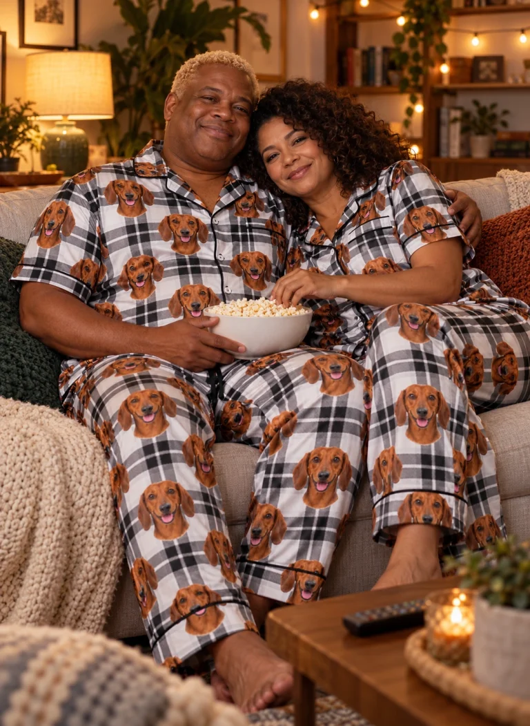 Man and his partner in matching dachshund dad pajamas with red smooth-coated Dachshund faces on white plaid satin — MyDogPics