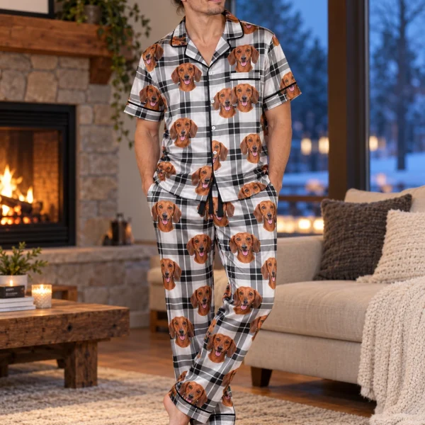 Man wearing dachshund dad pajamas covered in red smooth-coated Dachshund faces on white plaid satin — MyDogPics