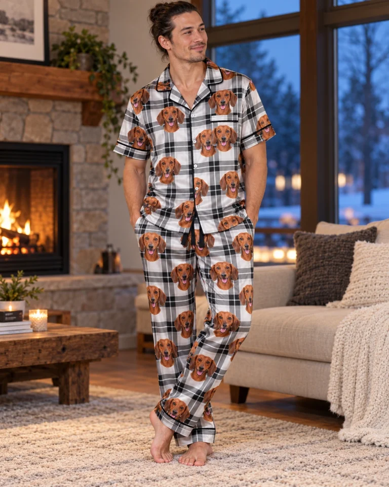 Man wearing dachshund dad pajamas covered in red smooth-coated Dachshund faces on white plaid satin — MyDogPics