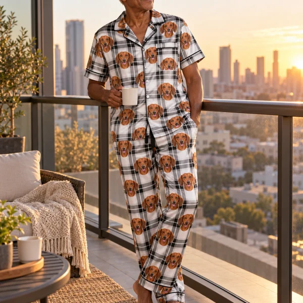 Man posing in dachshund dad pajamas, red smooth-coated Dachshund faces on white plaid satin — MyDogPics