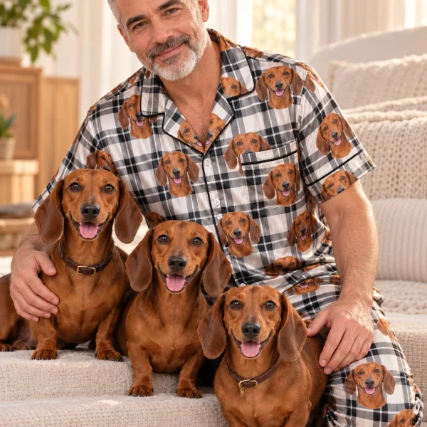 Man in dachshund dad pajamas with his Dachshund — MyDogPics