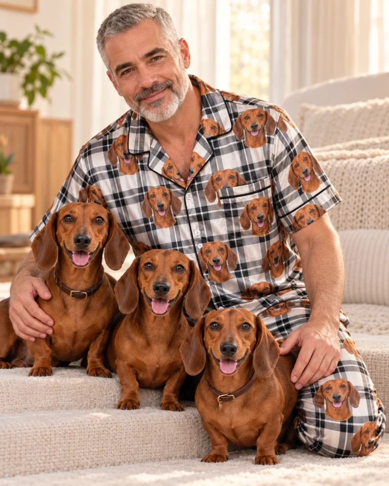 Man in dachshund dad pajamas with his Dachshund — MyDogPics