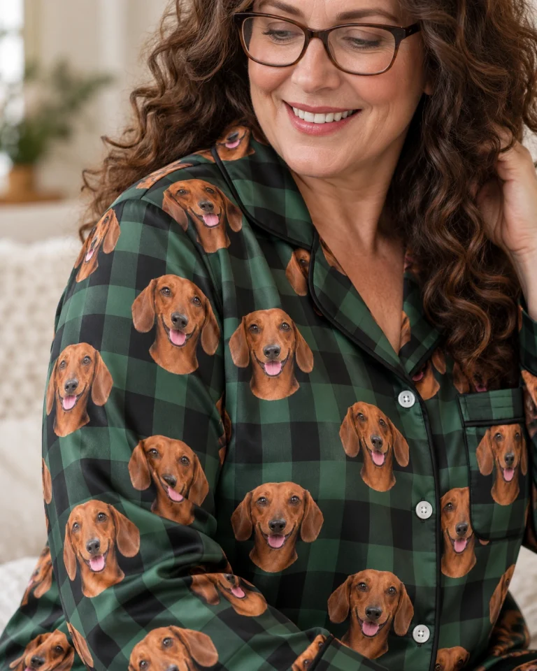 Close-up of the dachshund holiday pajamas print: red smooth-coated Dachshund faces on green plaid satin — MyDogPics