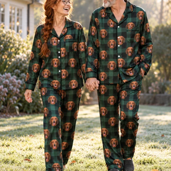 Woman and her partner in matching dachshund holiday pajamas with red smooth-coated Dachshund faces — MyDogPics