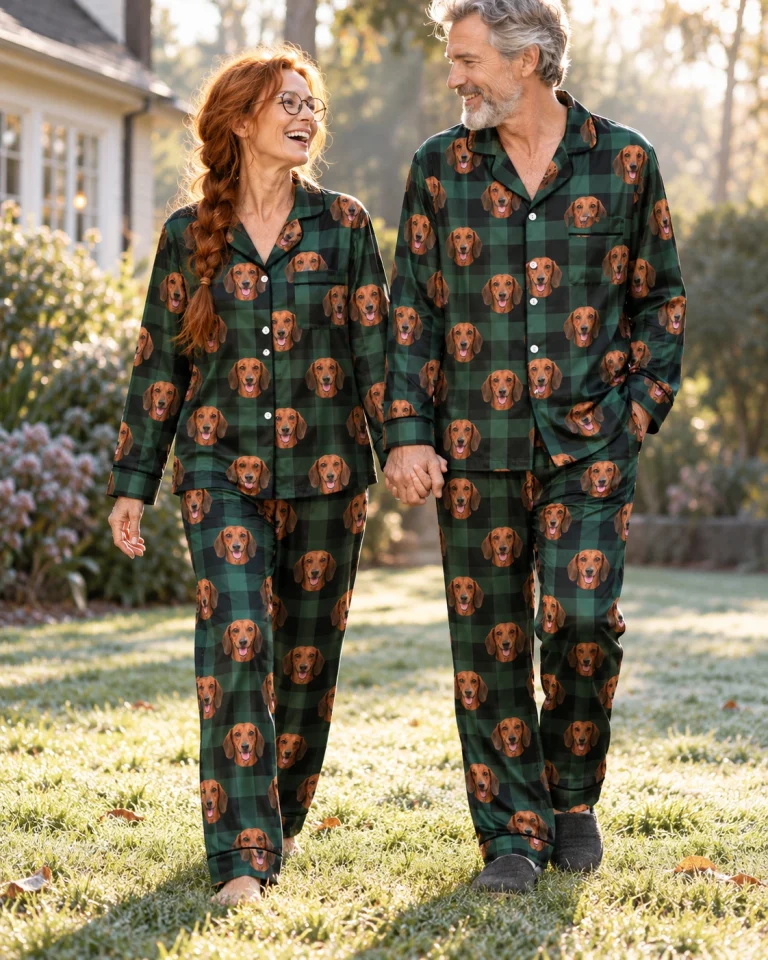 Woman and her partner in matching dachshund holiday pajamas with red smooth-coated Dachshund faces — MyDogPics