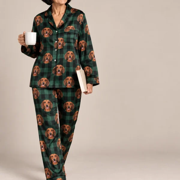Woman posing in dachshund holiday pajamas, red smooth-coated Dachshund faces on green plaid satin — MyDogPics
