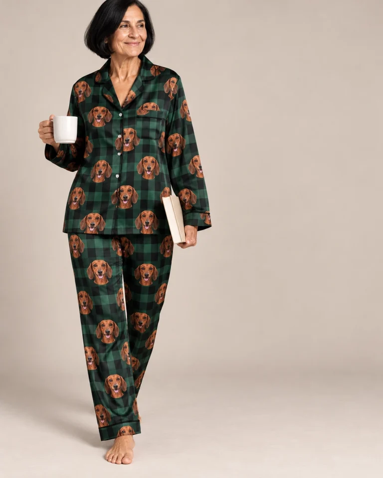 Woman posing in dachshund holiday pajamas, red smooth-coated Dachshund faces on green plaid satin — MyDogPics