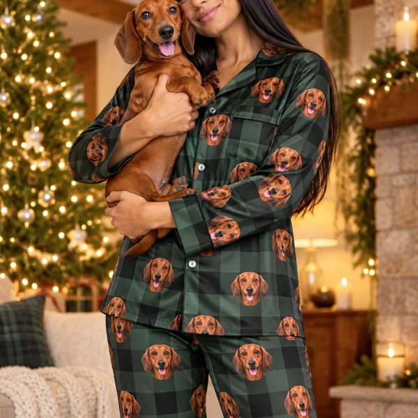 Woman in dachshund holiday pajamas with her Dachshund — MyDogPics