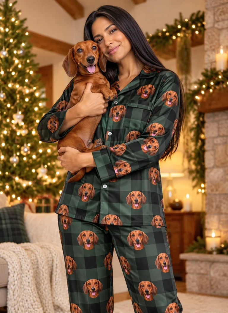 Woman in dachshund holiday pajamas with her Dachshund — MyDogPics
